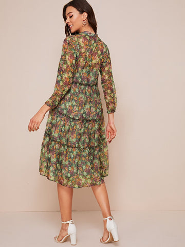 Floral Print Frilled Lettuce Trim Ruffle Hem Dress