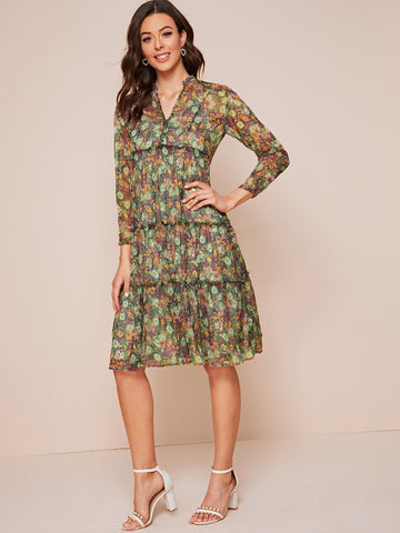 Floral Print Frilled Lettuce Trim Ruffle Hem Dress