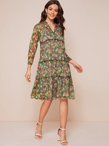 Floral Print Frilled Lettuce Trim Ruffle Hem Dress
