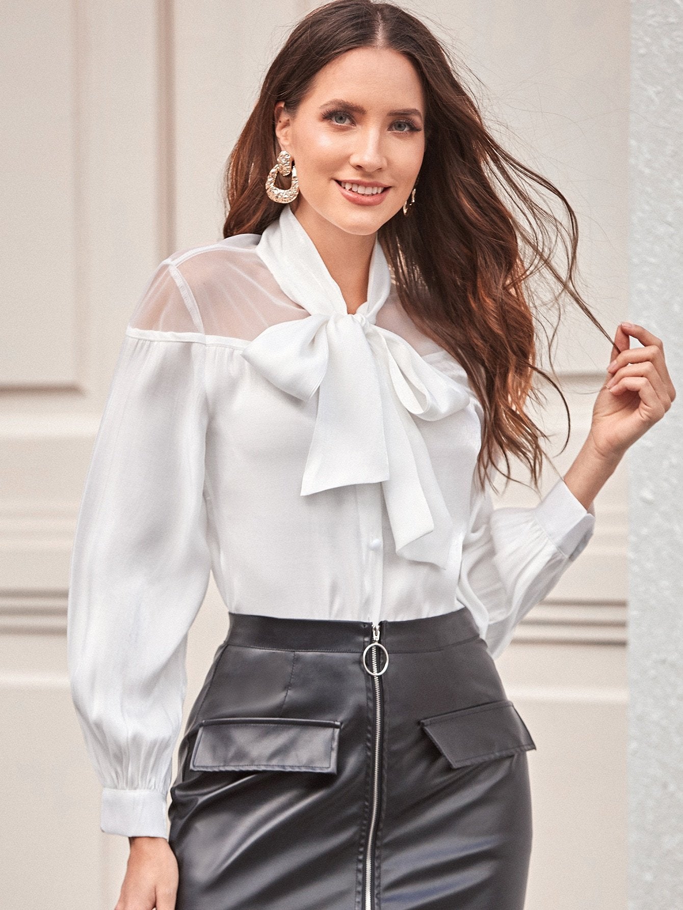 Tie Neck Button Front Contrast Mesh Blouse