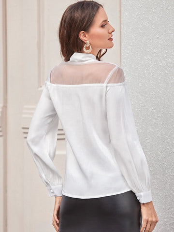 Tie Neck Button Front Contrast Mesh Blouse