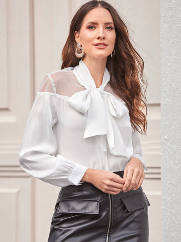 Tie Neck Button Front Contrast Mesh Blouse