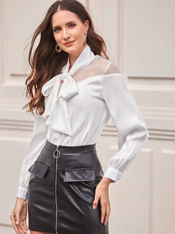 Tie Neck Button Front Contrast Mesh Blouse