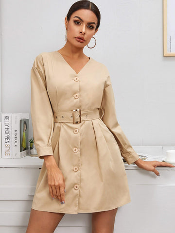 Self Tie V-neck Button Front Shirt Dress