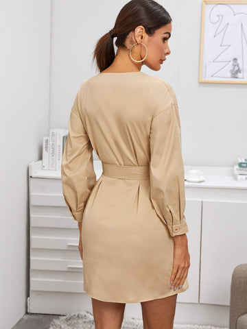 Self Tie V-neck Button Front Shirt Dress