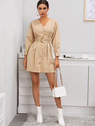 Self Tie V-neck Button Front Shirt Dress