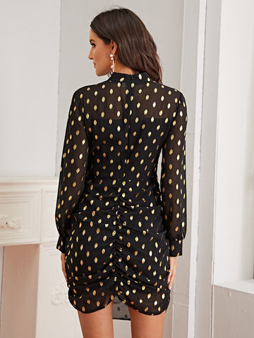 Gold Print Mock Neck Ruched Fitted Dress