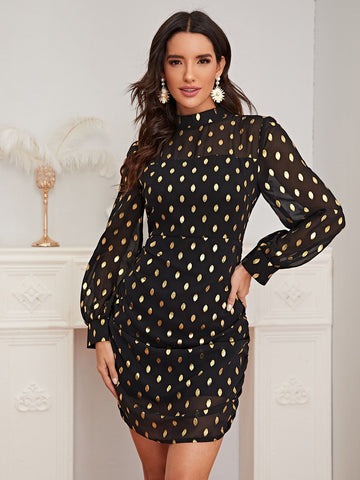 Gold Print Mock Neck Ruched Fitted Dress