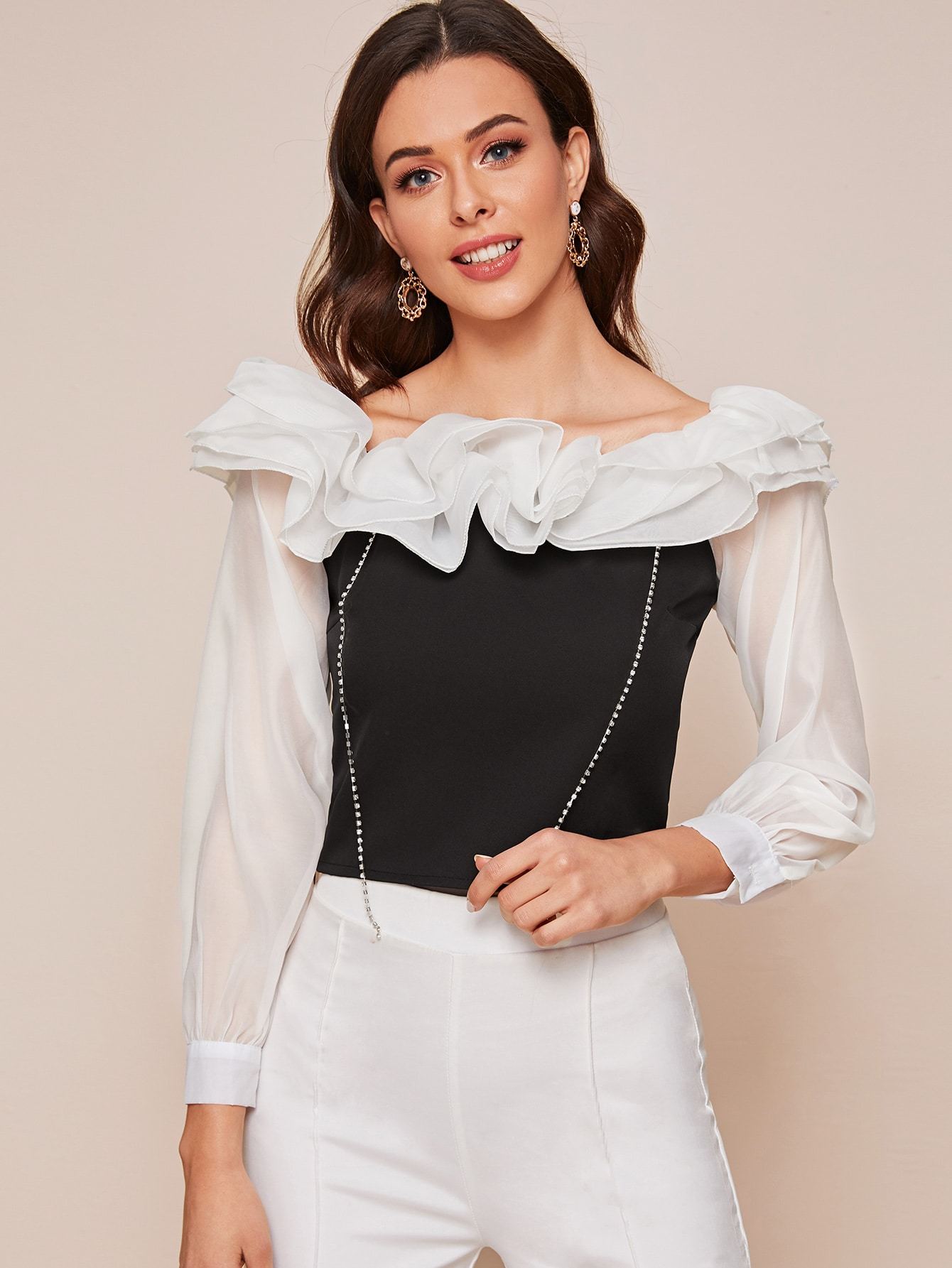 Two Tone Chain Ruffle Blouse