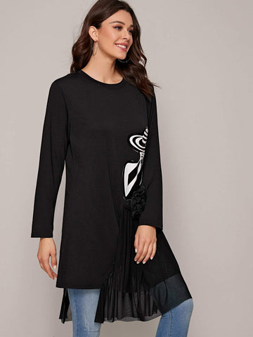 Stereo Floral Mesh Panel Figure Graphic Tee