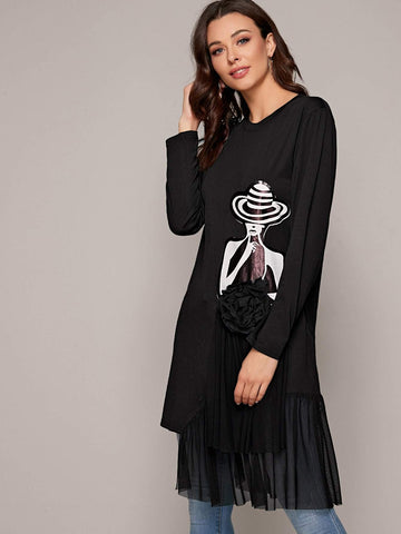 Stereo Floral Mesh Panel Figure Graphic Tee