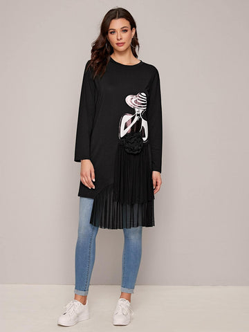 Stereo Floral Mesh Panel Figure Graphic Tee
