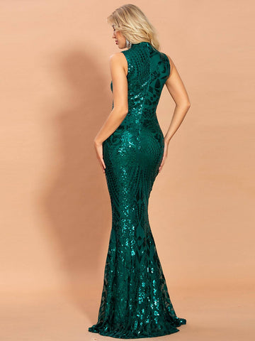 Missord Mock Neck Damask Sequin Fishtail Prom Dress