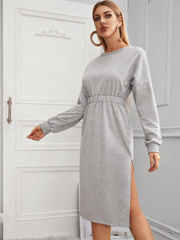 Drop Shoulder Split Thigh Sweatshirt Dress