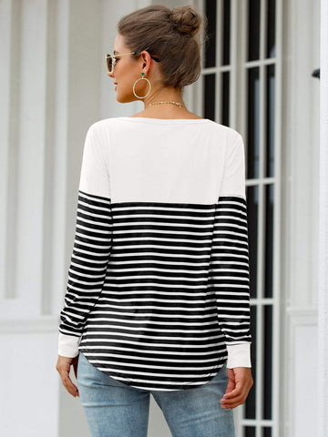 Striped Button Front Curved Hem Tee