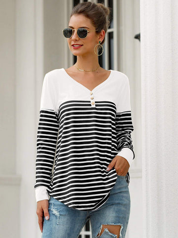 Striped Button Front Curved Hem Tee