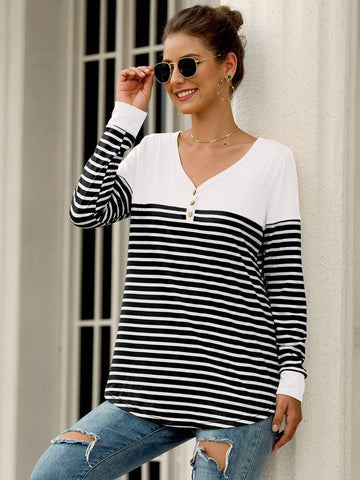 Striped Button Front Curved Hem Tee