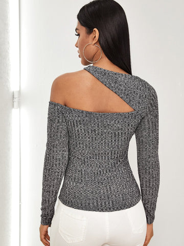 Asymmetrical Neck Rib-knit Slim Tee