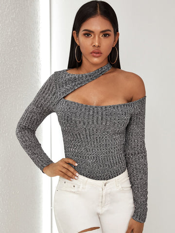 Asymmetrical Neck Rib-knit Slim Tee