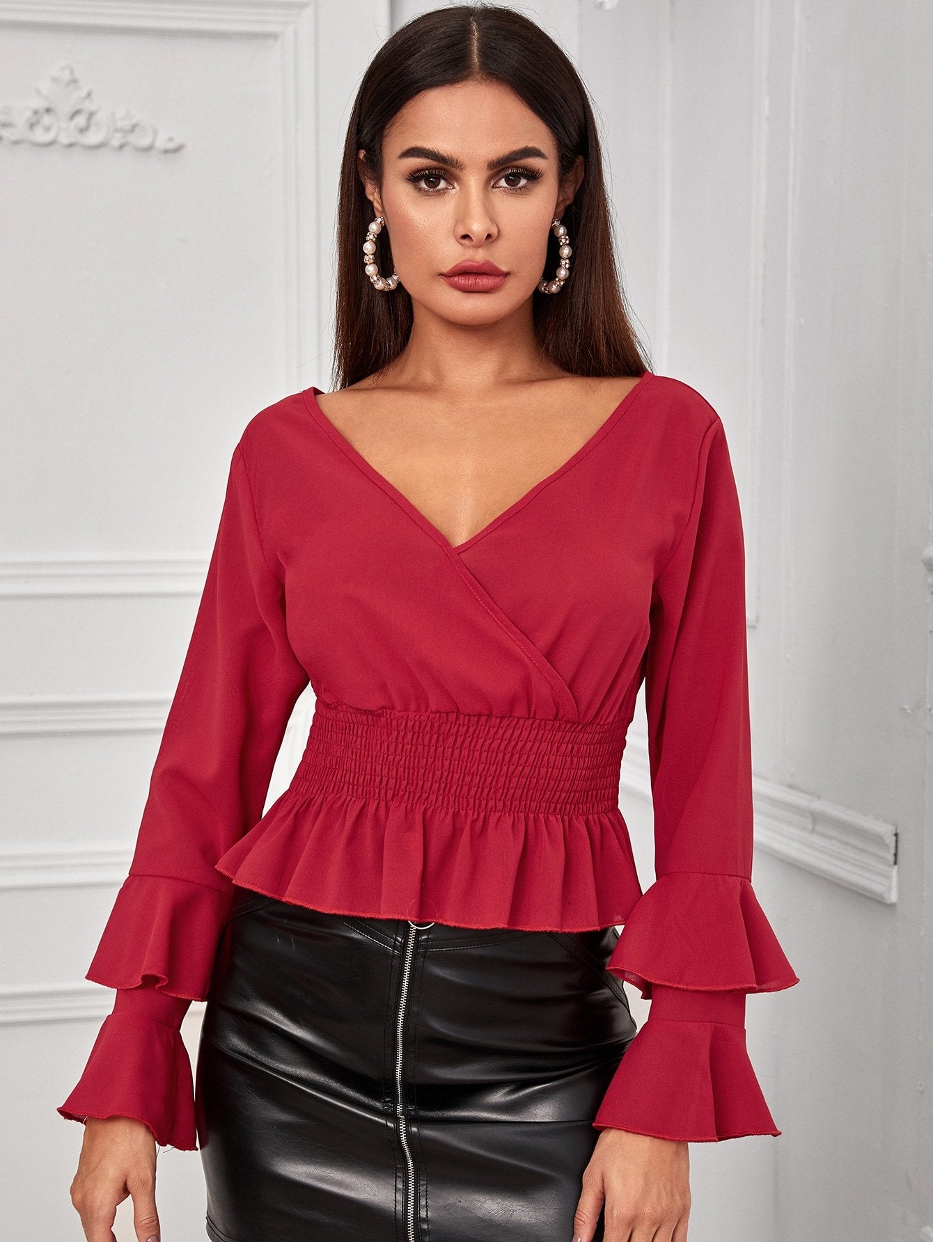 Ruffle Hem Shirred Waist Blouse