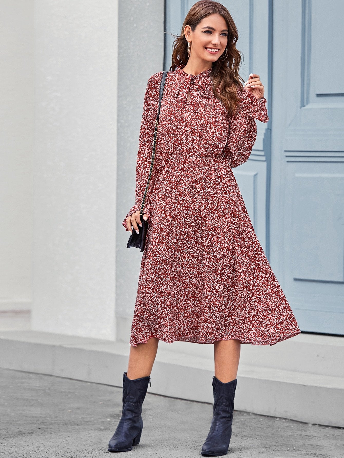 Ditsy Floral Tie Neck Dress