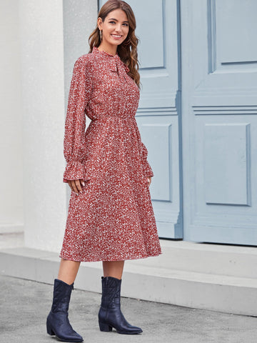 Ditsy Floral Tie Neck Dress