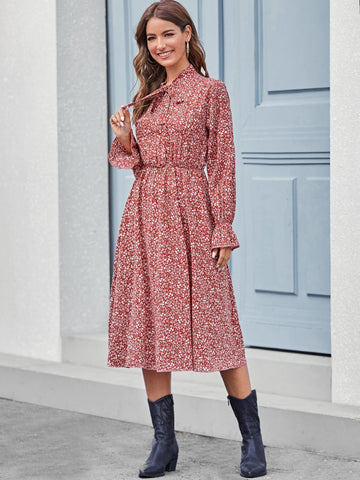 Ditsy Floral Tie Neck Dress