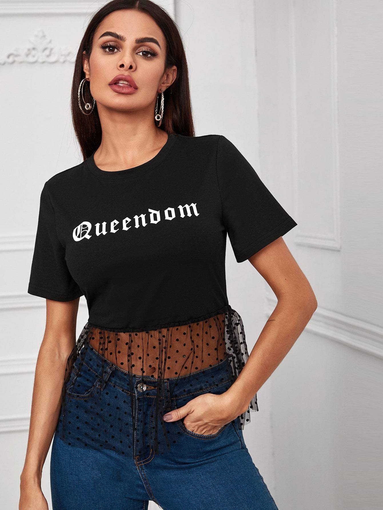Letter Graphic Contrast Mesh Ruffle Hem Tee