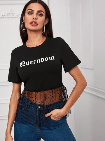 Letter Graphic Contrast Mesh Ruffle Hem Tee