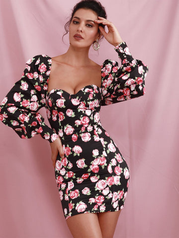 LOVE&LEMONADE Sweetheart Puff Sleeve Floral Bodycon Dress