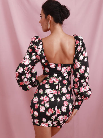 LOVE&LEMONADE Sweetheart Puff Sleeve Floral Bodycon Dress