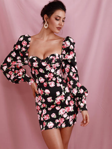 LOVE&LEMONADE Sweetheart Puff Sleeve Floral Bodycon Dress