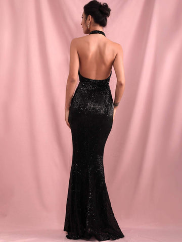 LOVE&LEMONADE Halterneck Backless Split Thigh Sequin Prom Dress