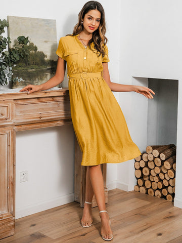 Simplee Button Front Belted Midi Shirt Dress