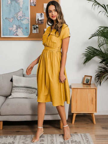 Simplee Button Front Belted Midi Shirt Dress