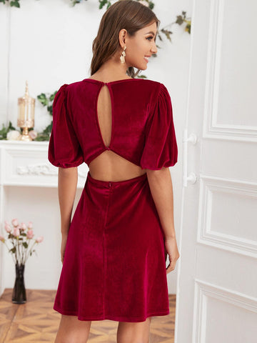 Solid Keyhole Cutout Back Velvet Dress