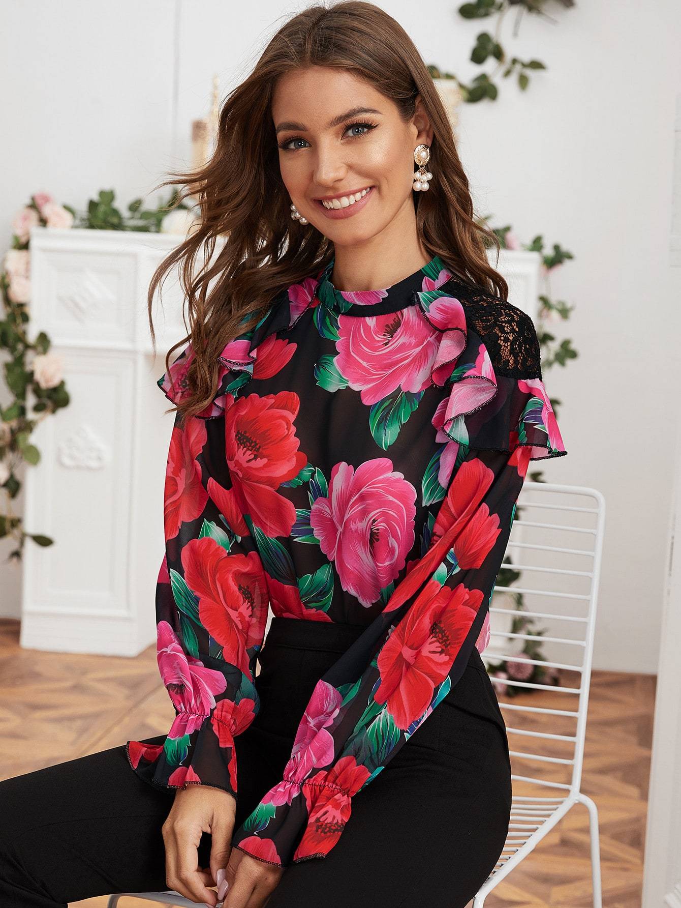 Lace Insert Ruffle Trim Large Floral Chiffon Blouse