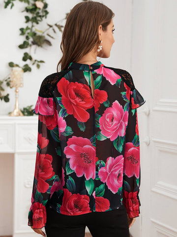 Lace Insert Ruffle Trim Large Floral Chiffon Blouse