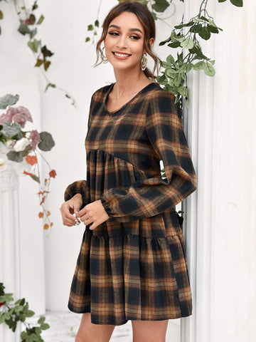 Plaid Print V-neck Babydoll Dress