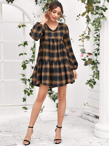 Plaid Print V-neck Babydoll Dress