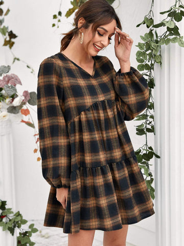 Plaid Print V-neck Babydoll Dress