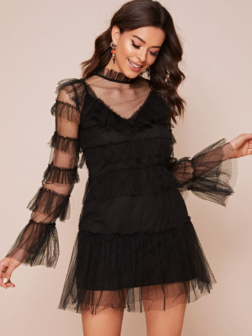Mesh Overlay Tiered Layer Solid Dress