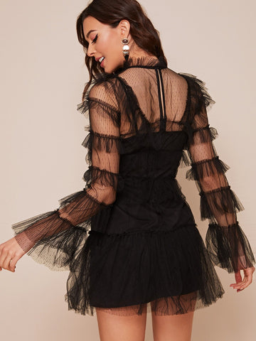 Mesh Overlay Tiered Layer Solid Dress