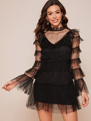 Mesh Overlay Tiered Layer Solid Dress