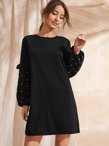 Pearls Beaded Bishop Sleeve Tunic Dress