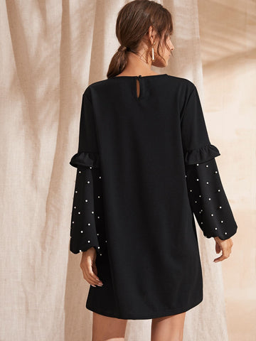 Pearls Beaded Bishop Sleeve Tunic Dress