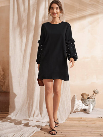 Pearls Beaded Bishop Sleeve Tunic Dress