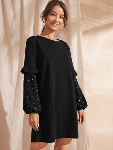 Pearls Beaded Bishop Sleeve Tunic Dress