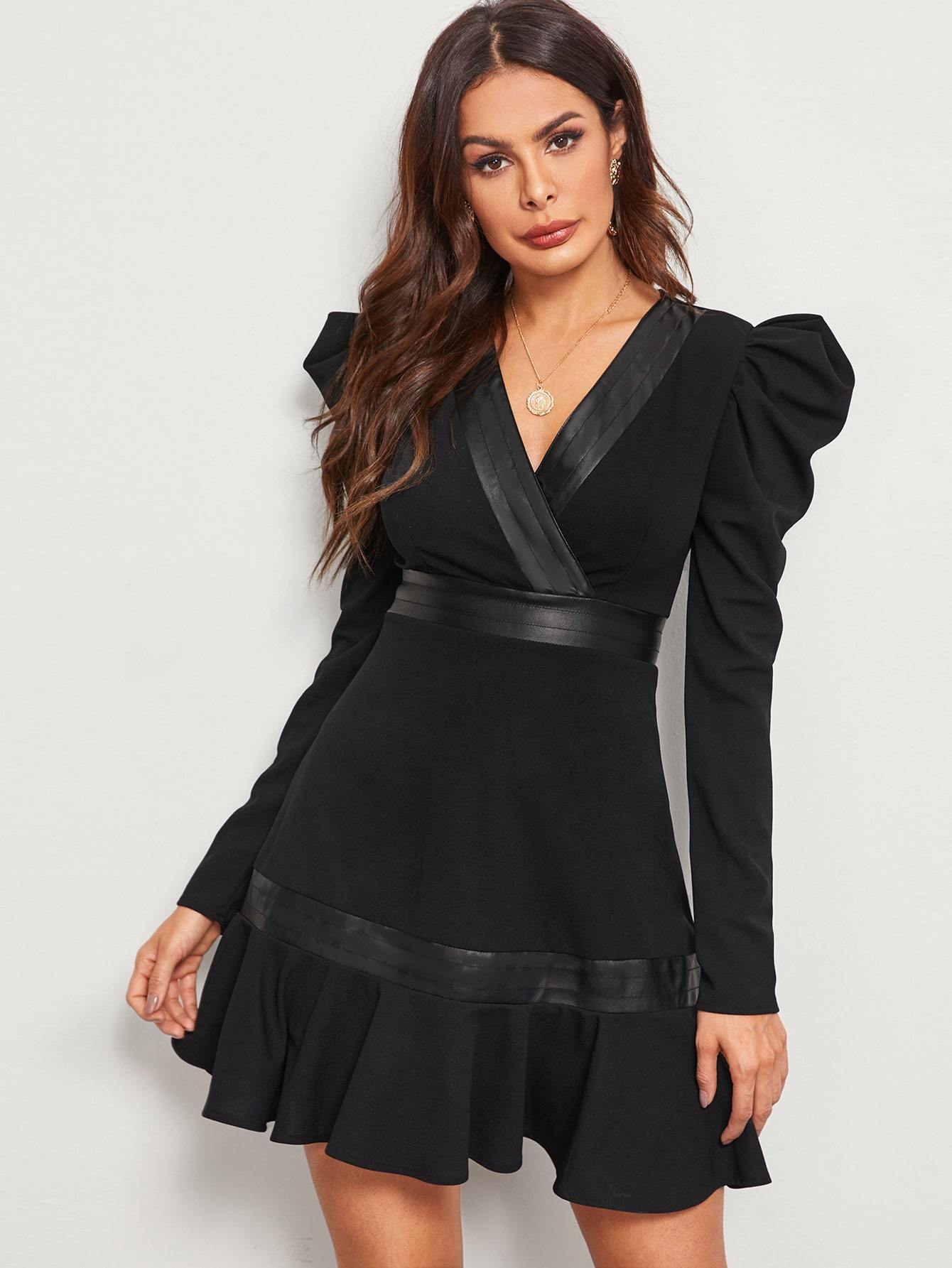 Gigot Sleeve Ruffle Hem Faux Leather Trim Dress