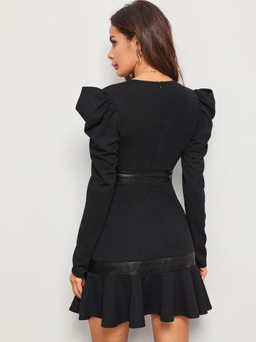 Gigot Sleeve Ruffle Hem Faux Leather Trim Dress